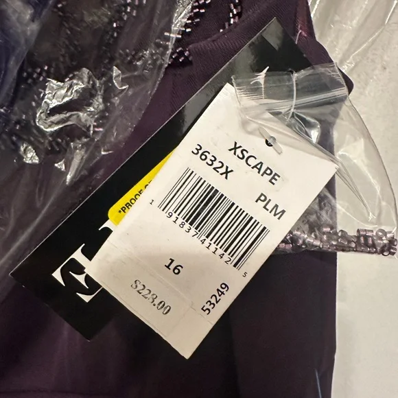 XSCAPE NWT Beaded Cap Sleeve Round Neck Ruched Cascade Ruffle Side Gown (PLUM) - Picture 2 of 12